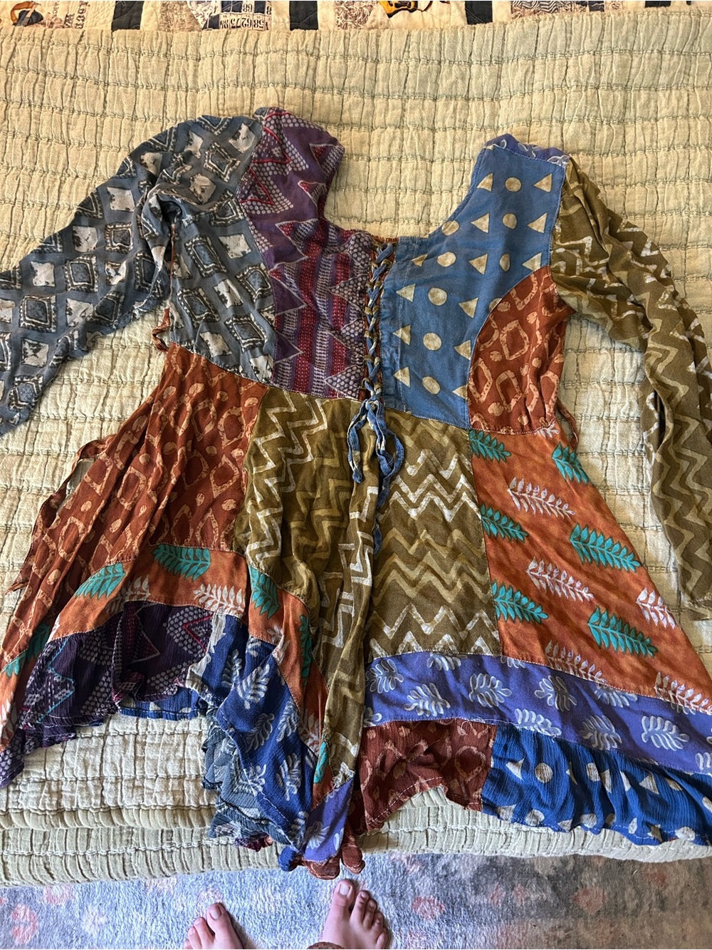 Sacred Threads Olive and Blue Patchwork Tie-Front Top